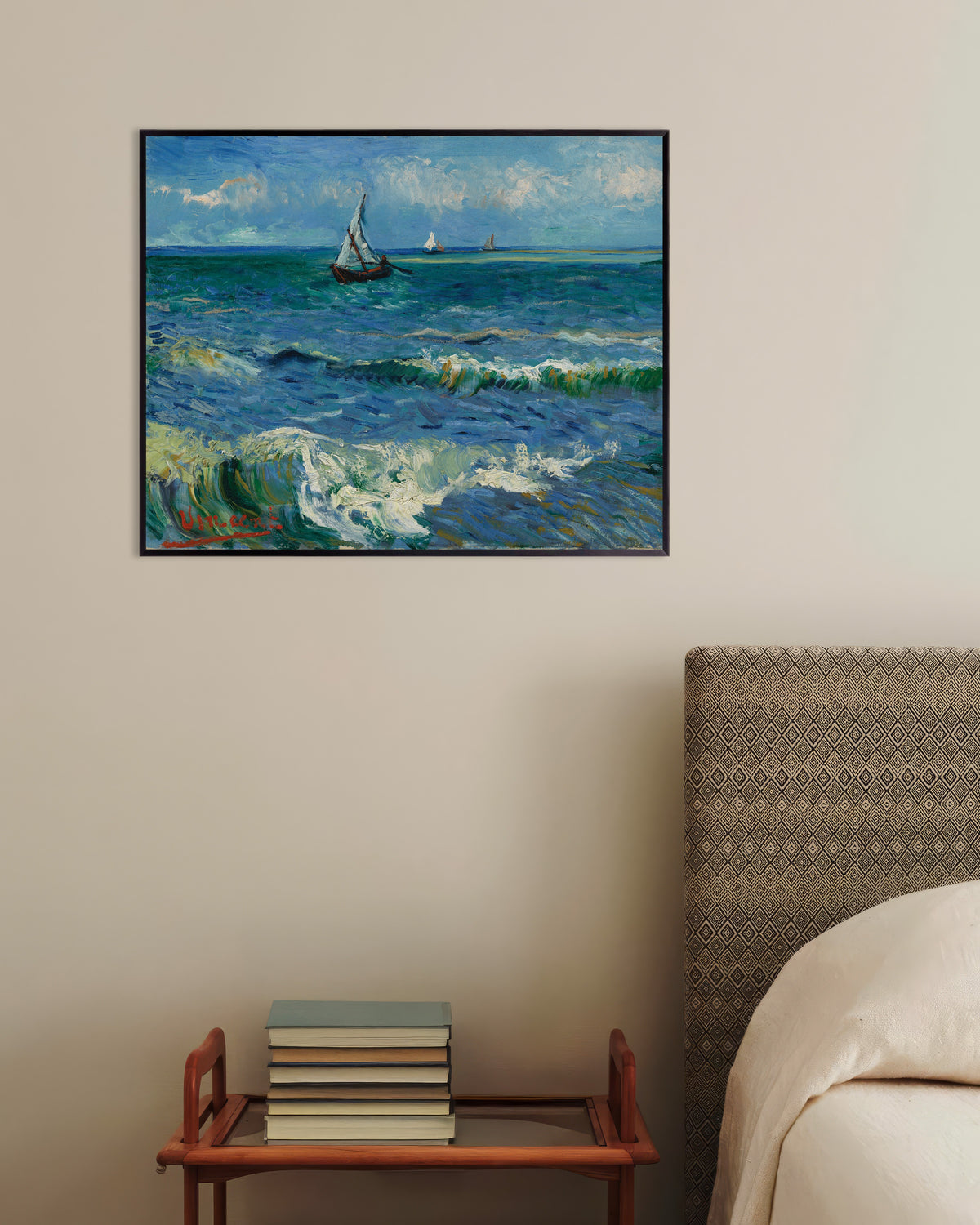 Poster van Zeegezicht bij Les Saintes-Maries-de-la-Mer (1888) van Vincent van Gogh, met metalen lijst