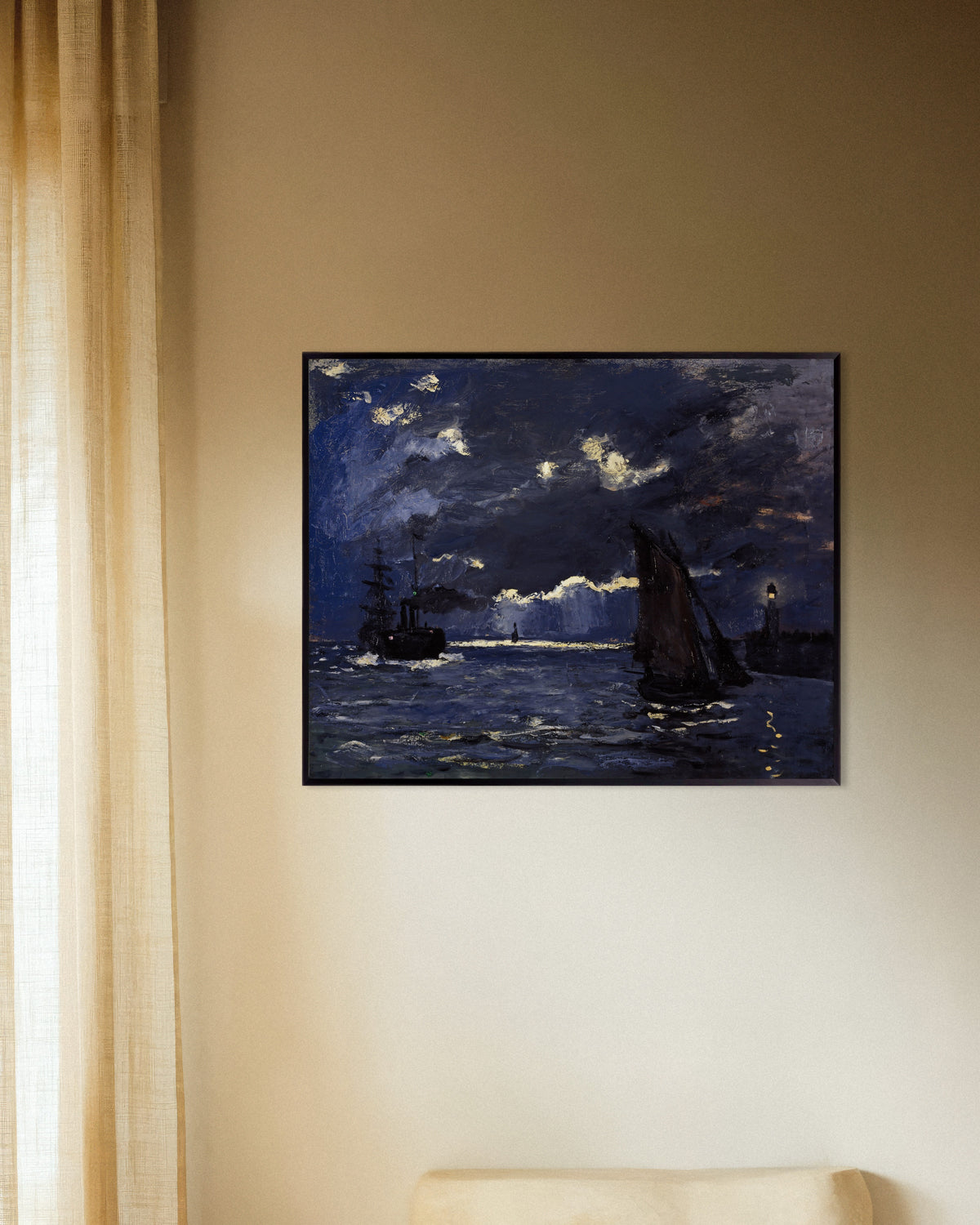 Affiche Marine, navires au clair de lune (1864) de Claude Monet, avec un cadre en métal