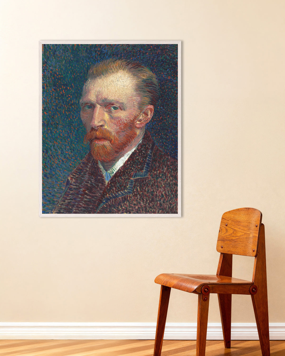 Poster Autoportrait sur fond bleu pointillé (1887) de Vincent van Gogh, avec un cadre en bois blanc