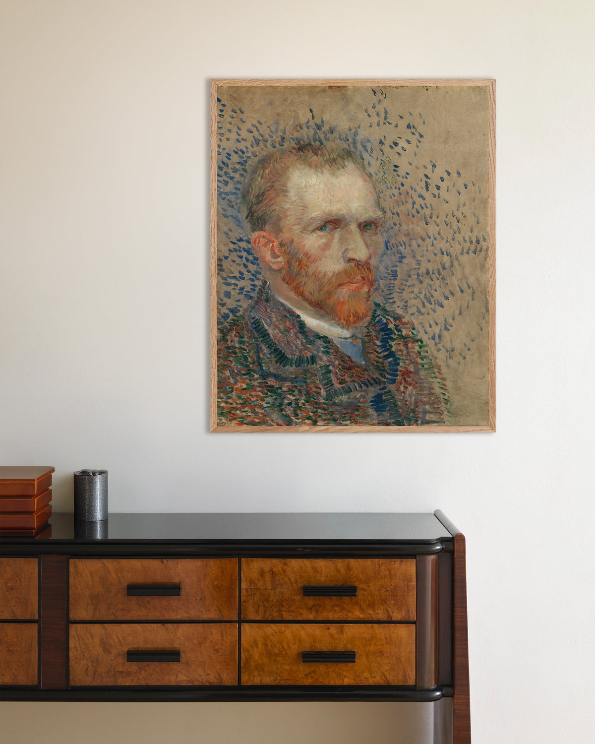 Poster Autoportrait aux touches bleues (1887) de Vincent van Gogh, avec un cadre en bois naturel