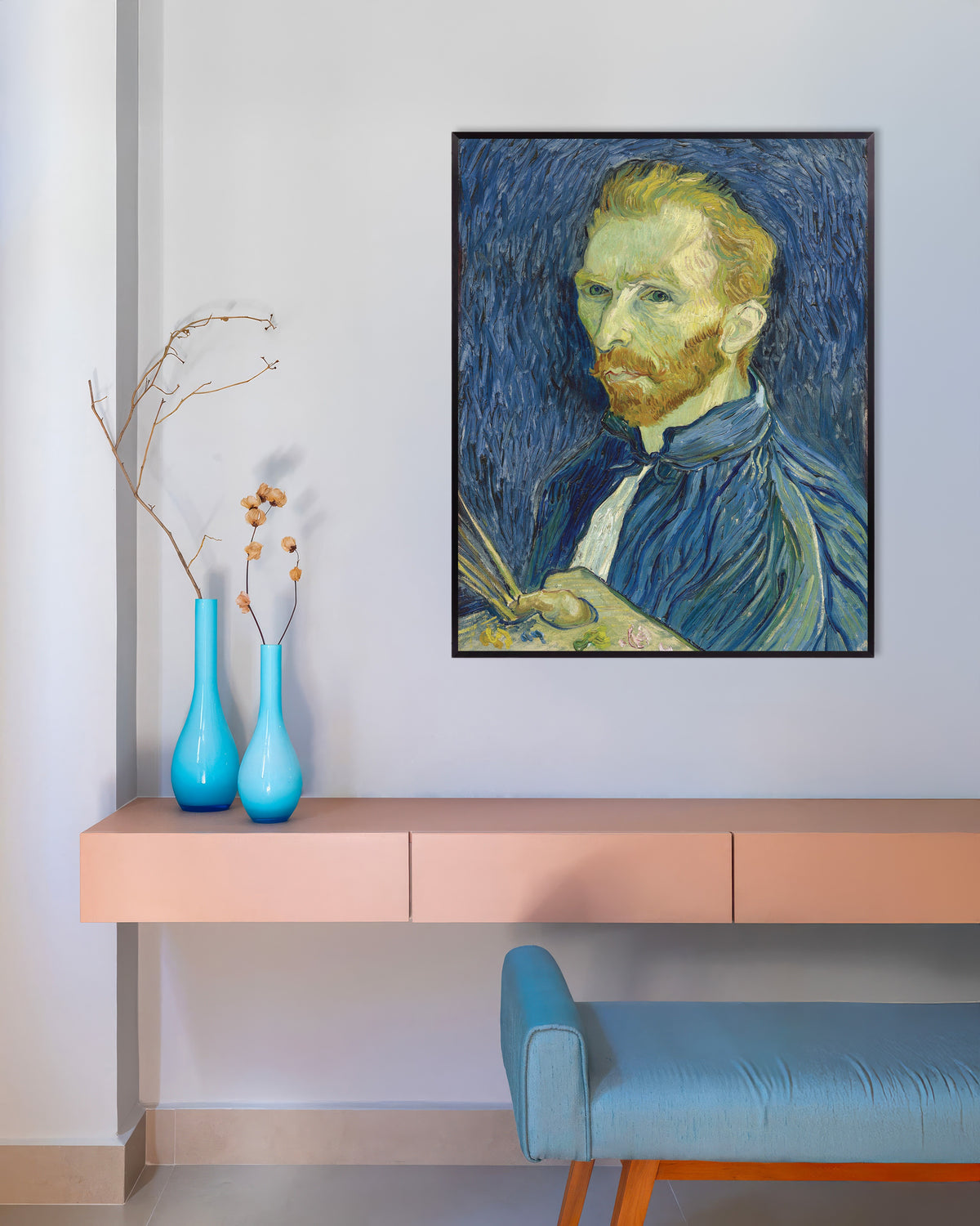 Poster de Autoportrait au chevalet (1889) de Vincent van Gogh, avec cadre métallique