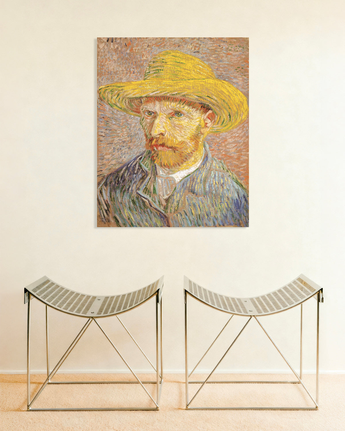 Poster représentant Autoportrait au chapeau de paille sur fond orange (1887) de Vincent van Gogh