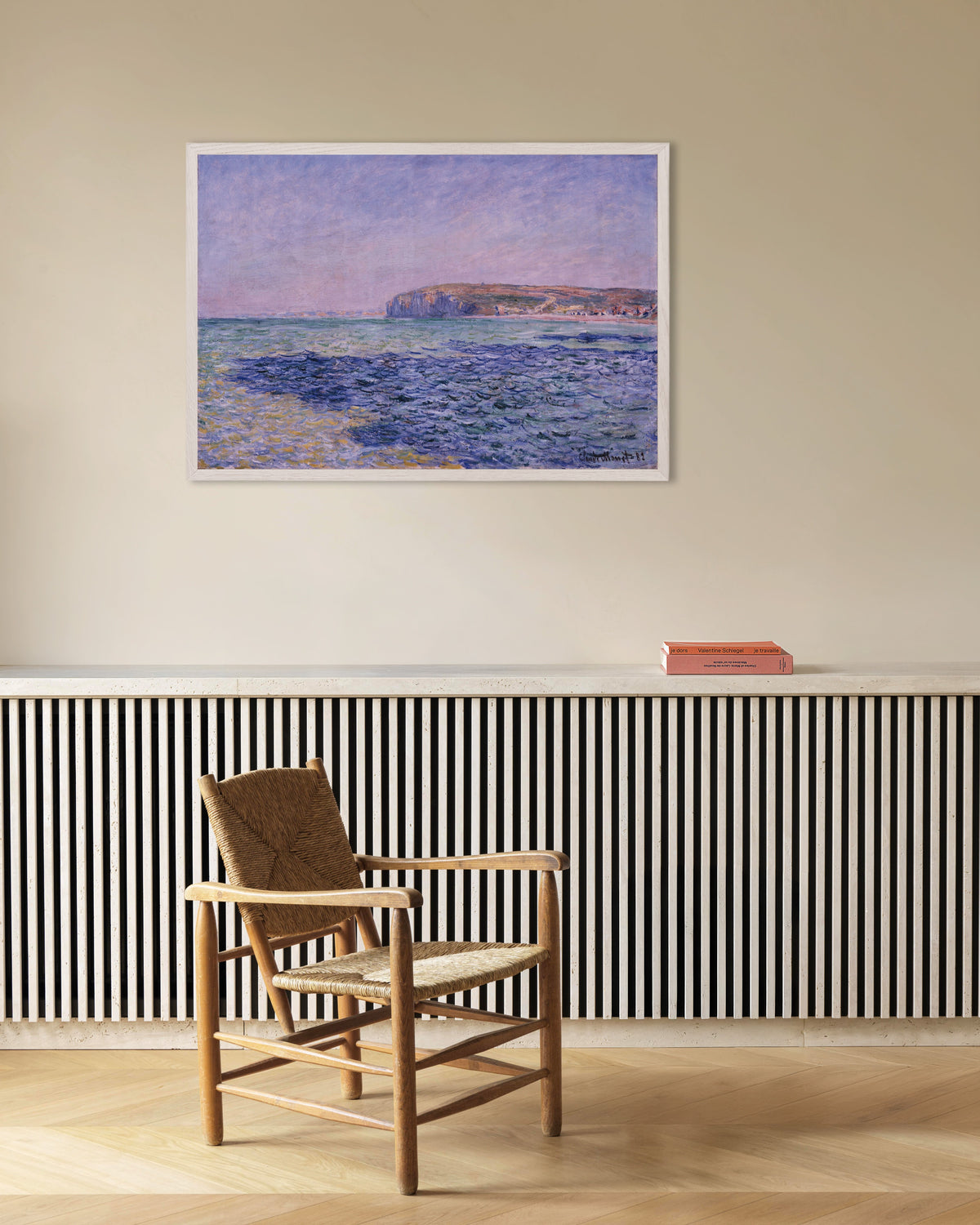 Poster Schaduwen op zee, de kliffen bij Pourville (1882) van Claude Monet met witte houten lijst
