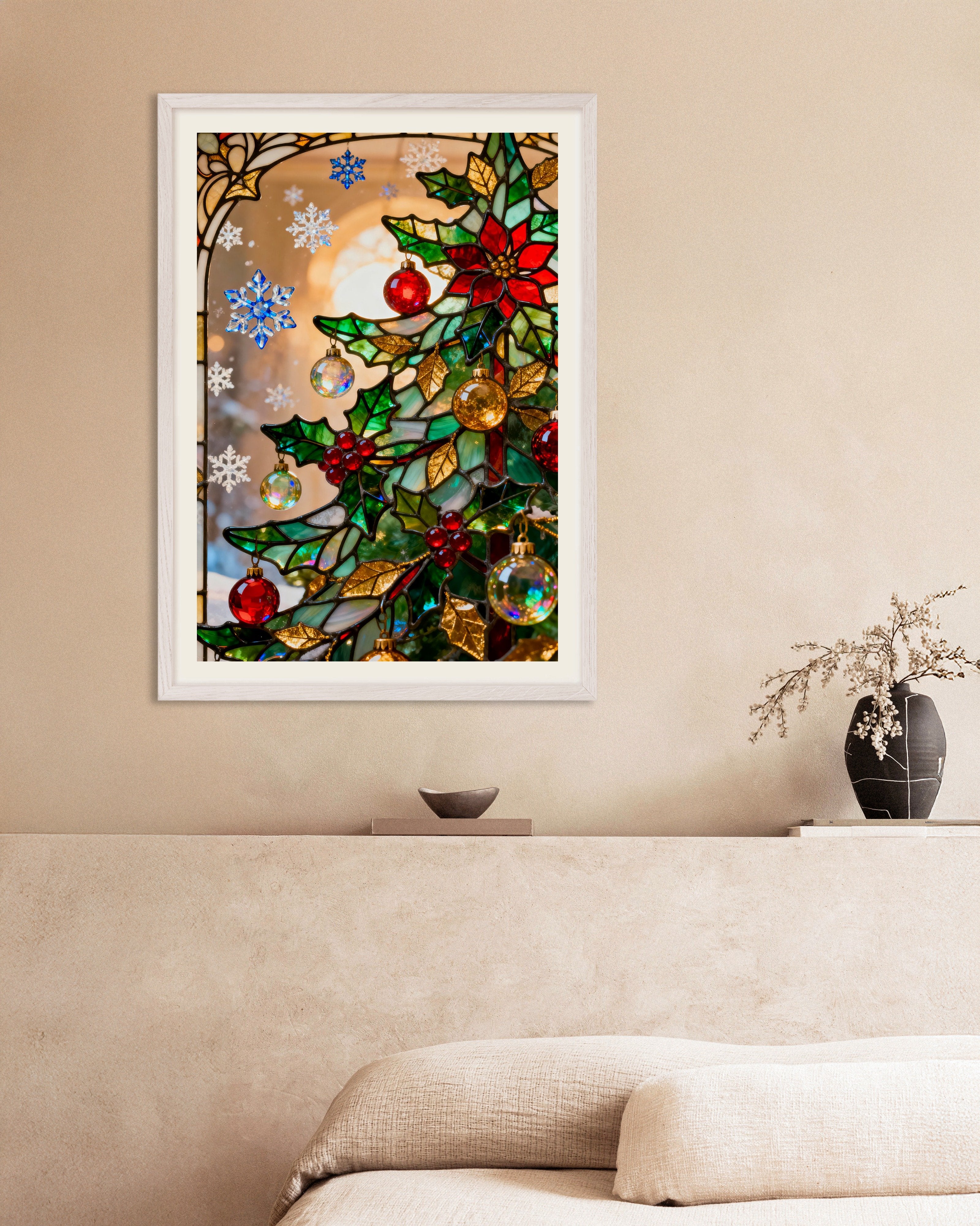 Poster of Stained glass Christmas tree poster, with white wooden frame