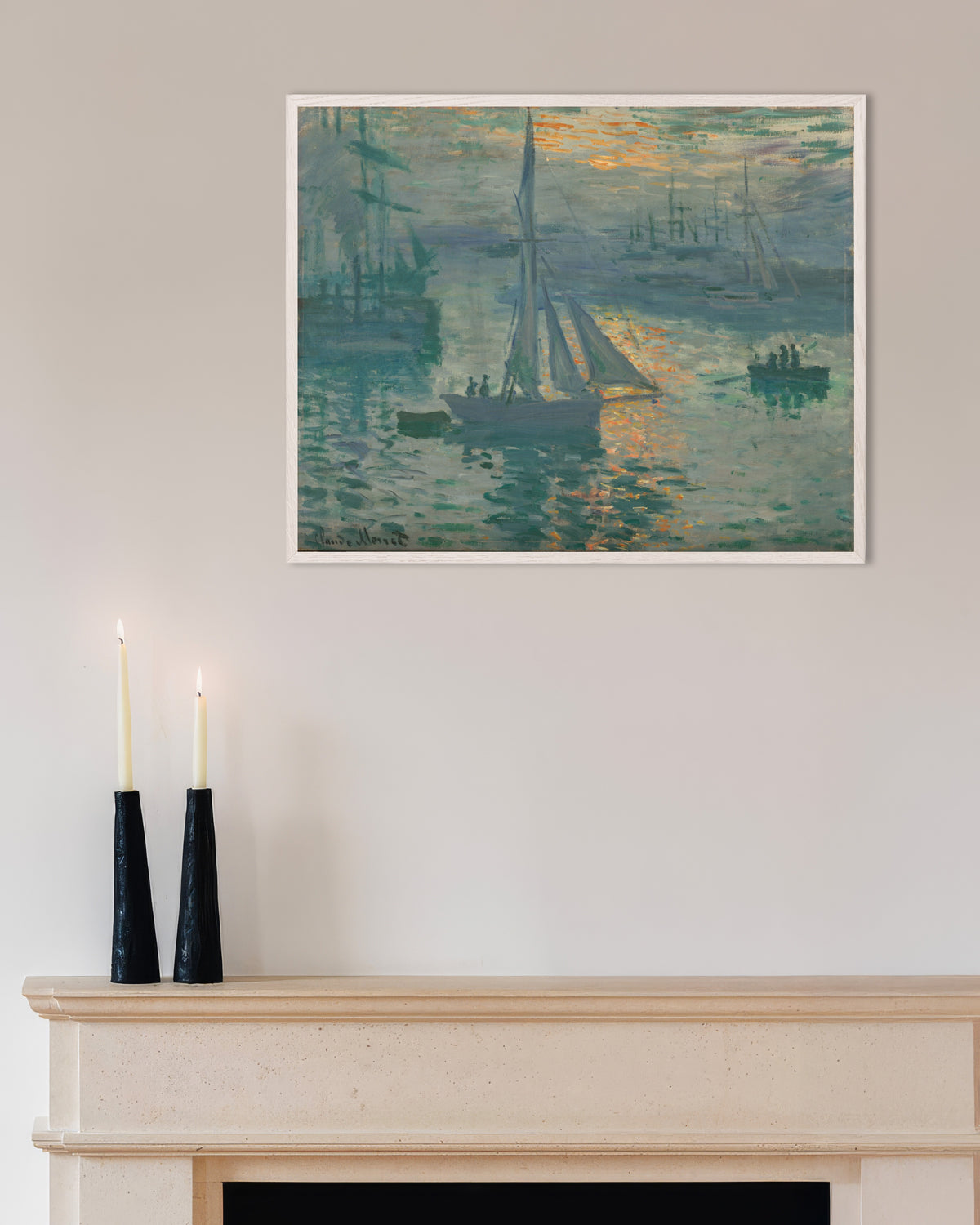 Poster Zonsopkomst, zeegezicht (1873) van Claude Monet met witte houten lijst