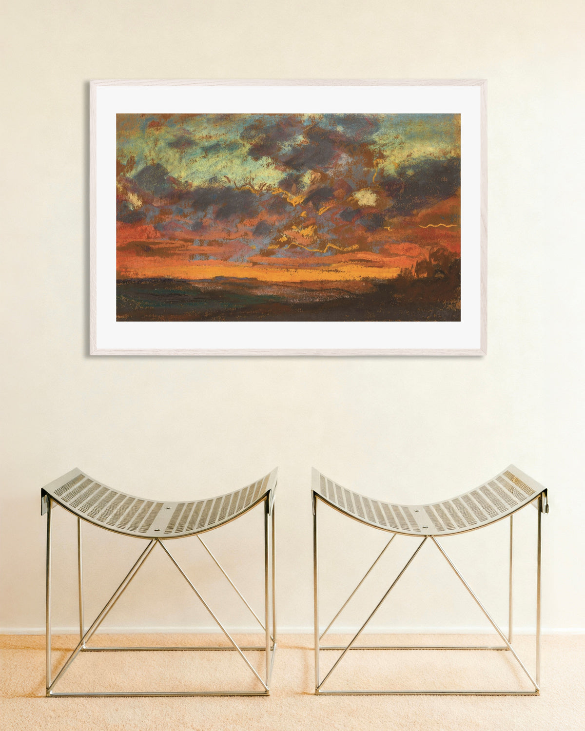 Poster Zonsondergang (ca. 1868) van Claude Monet met witte houten lijst