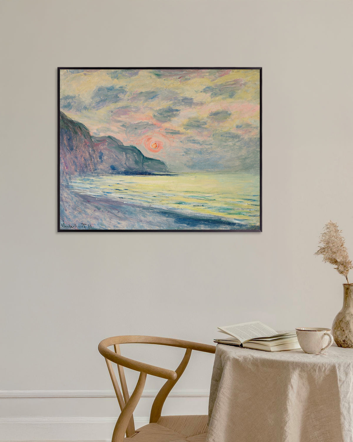 Affiche Soleil couchant, temps brumeux, Pourville (1882) de Claude Monet, avec un cadre en métal