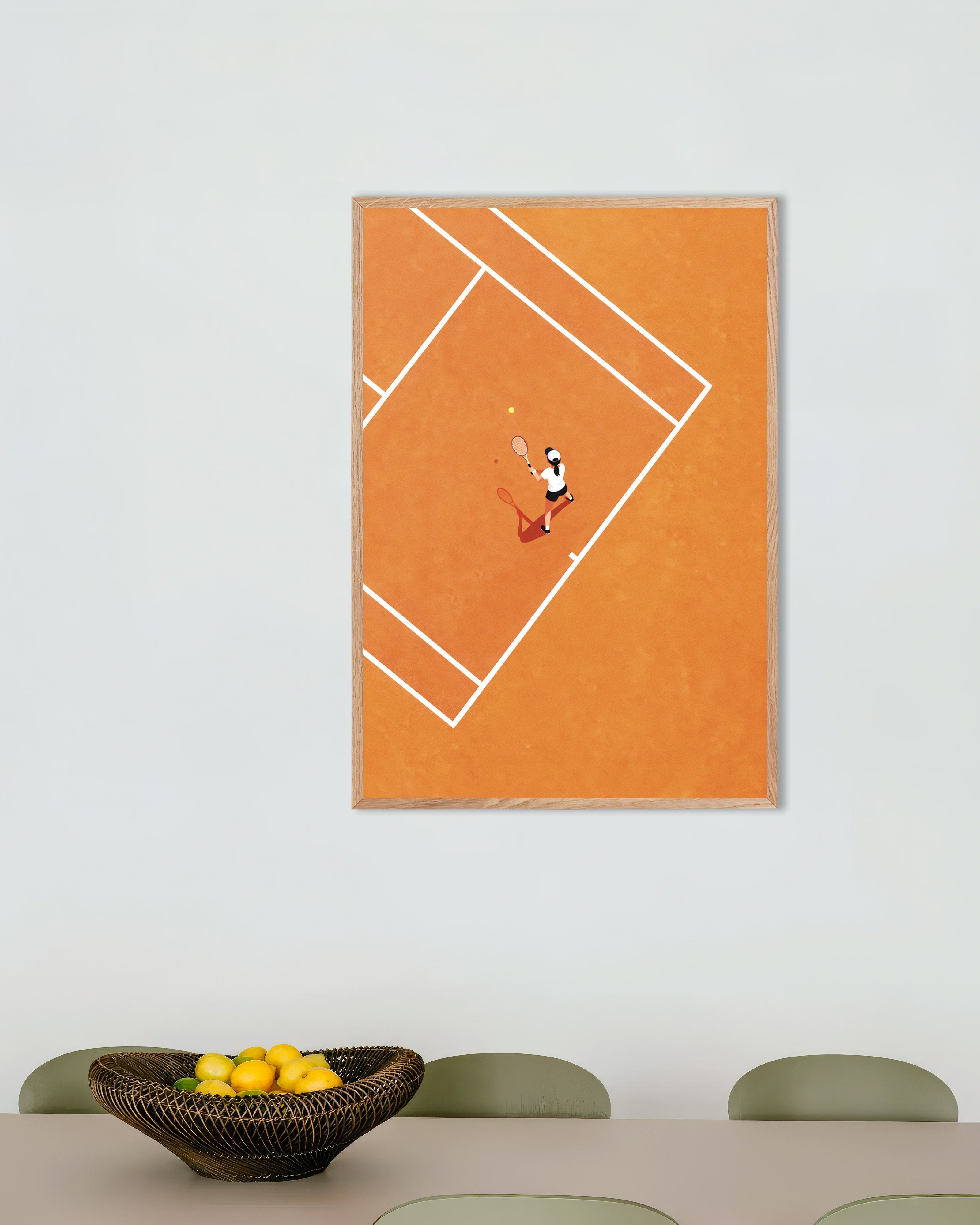 Poster of Tennis player poster – Minimal clay court art print, with natural wooden frame