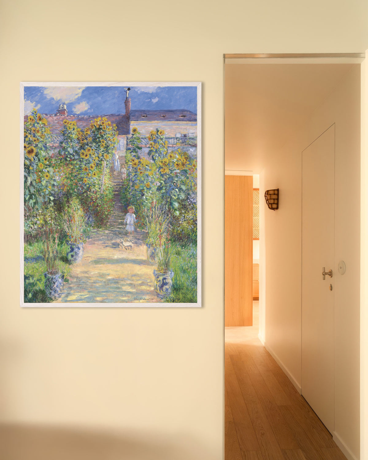 Affiche Le Jardin de l'artiste à Vétheuil (1881) de Claude Monet, avec un cadre en bois blanc