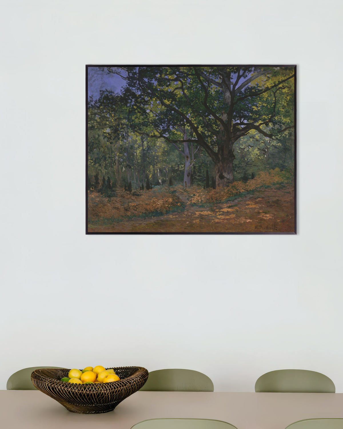 Poster De eik van Bodmer, bos van Fontainebleau (1865) van Claude Monet met metalen lijst