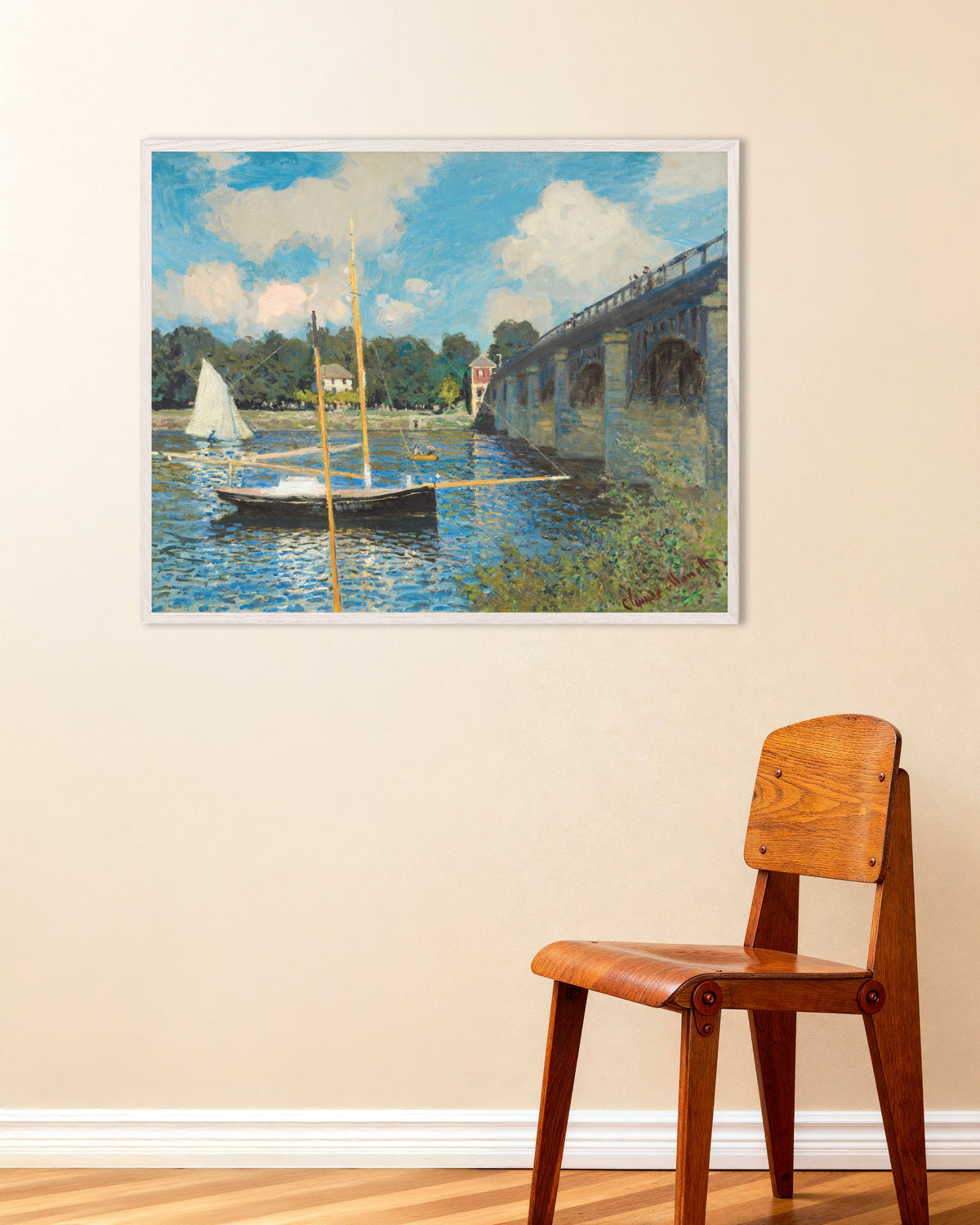 Poster De brug in Argenteuil (1874) van Claude Monet met witte houten lijst