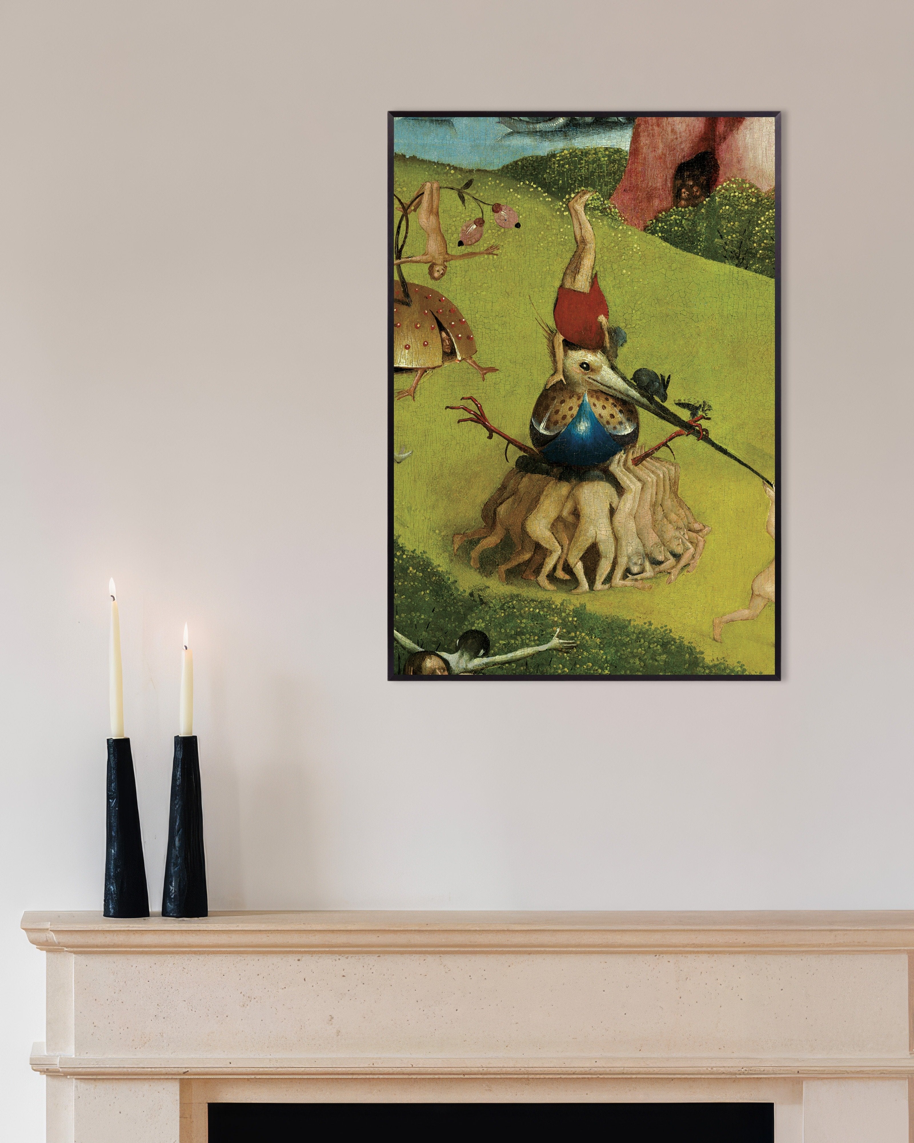 Poster of The giant bird and acrobats - Detail from The Garden of Earthly Delights, with metal frame