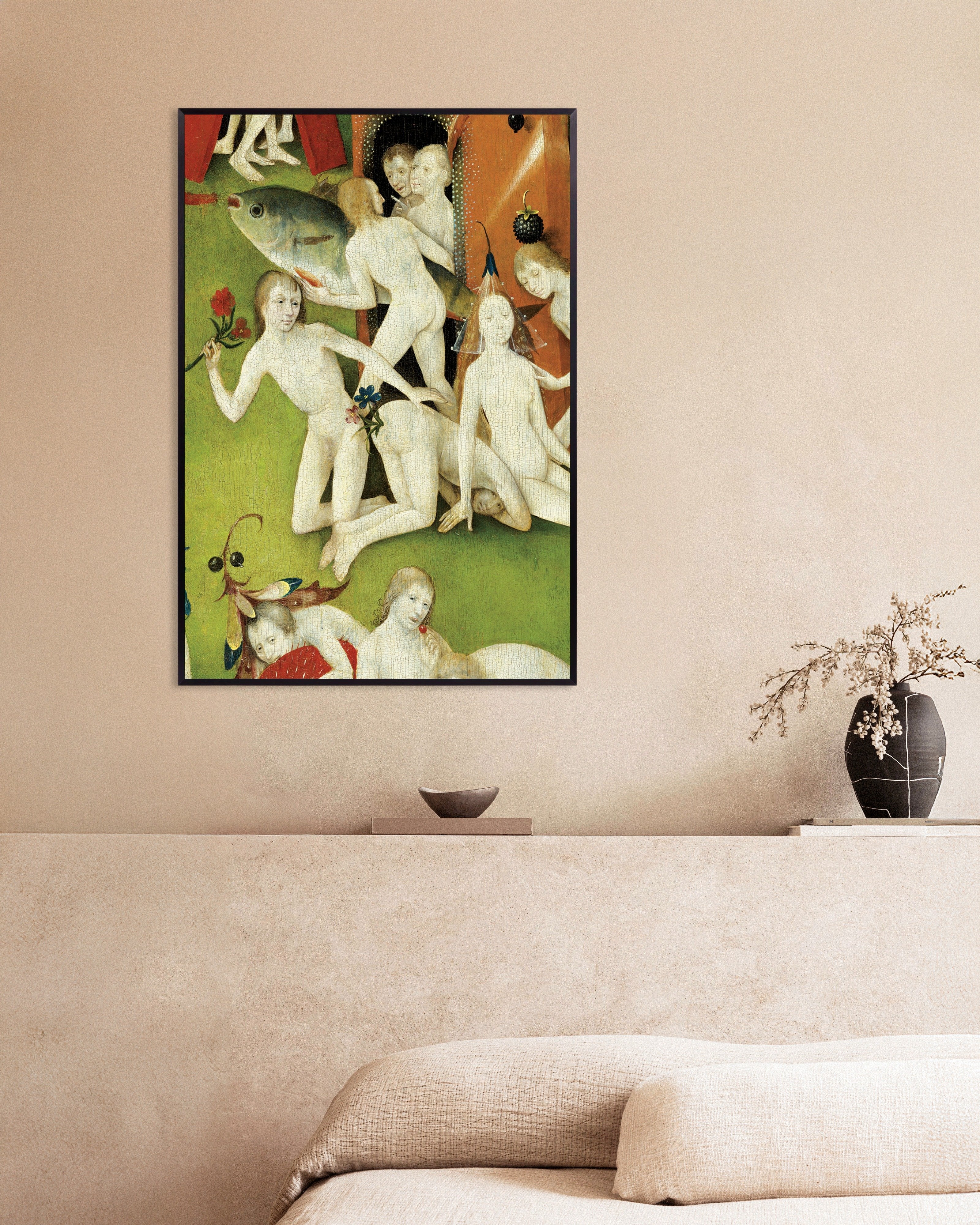 Poster of The giant fish and flower figures - Detail from The Garden of Earthly Delights, with metal frame