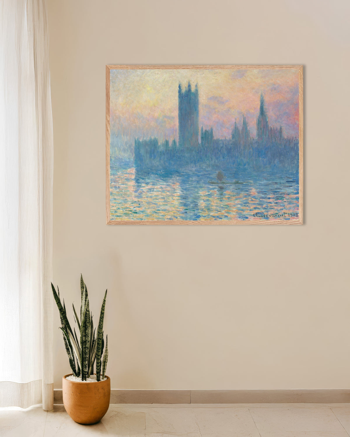 Poster Het parlement bij zonsondergang (1903) van Claude Monet met naturel houten lijst