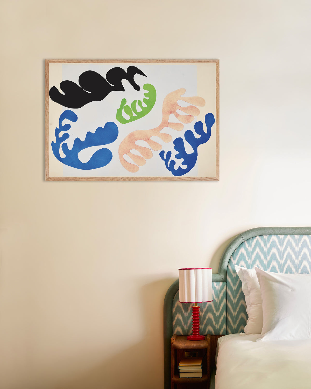 Poster de « Le Lagon en bleu et corail (Jazz, 1947) de Henri Matisse », avec cadre en bois naturel