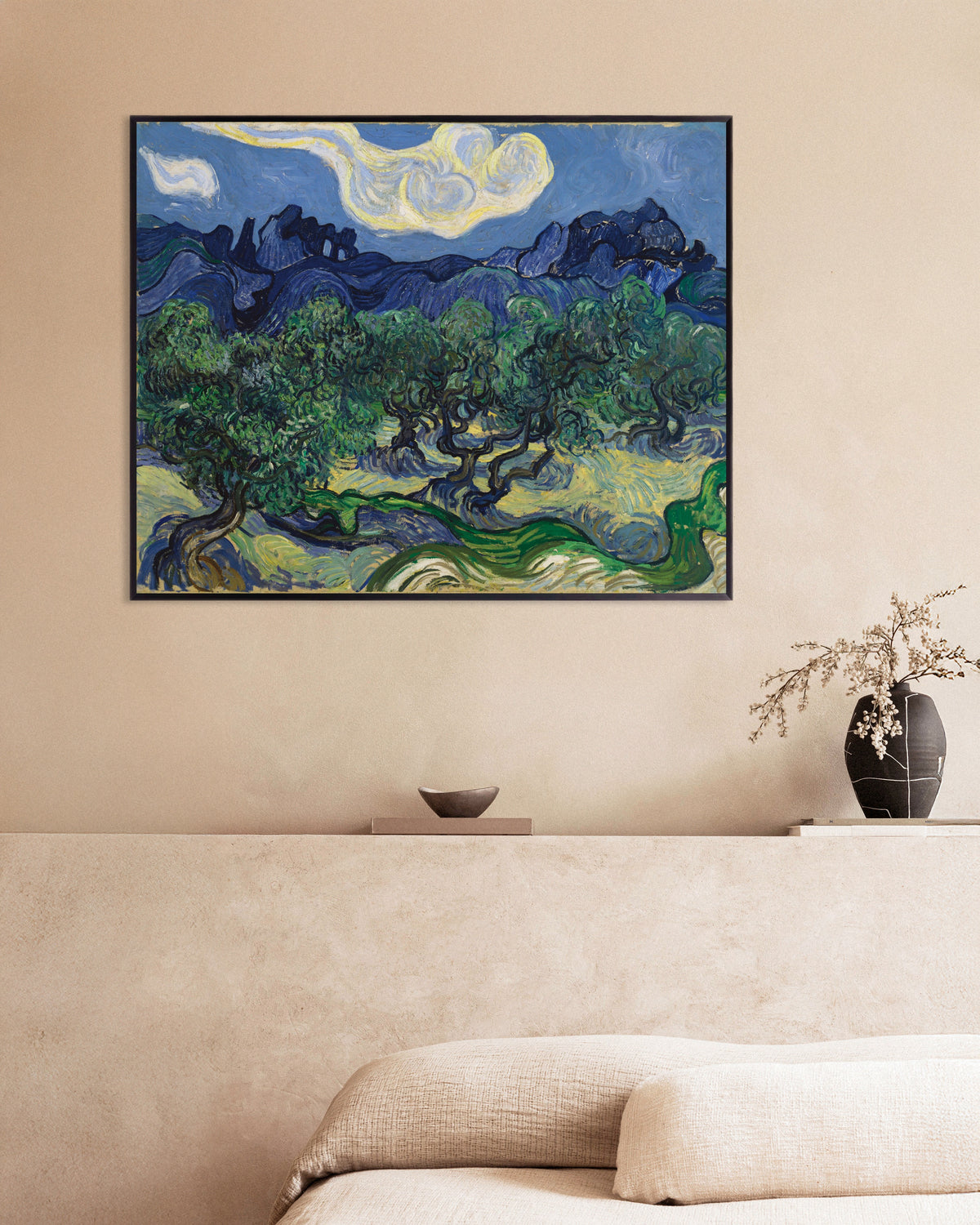 Poster van De olijfbomen (1889) van Vincent van Gogh, met metalen lijst