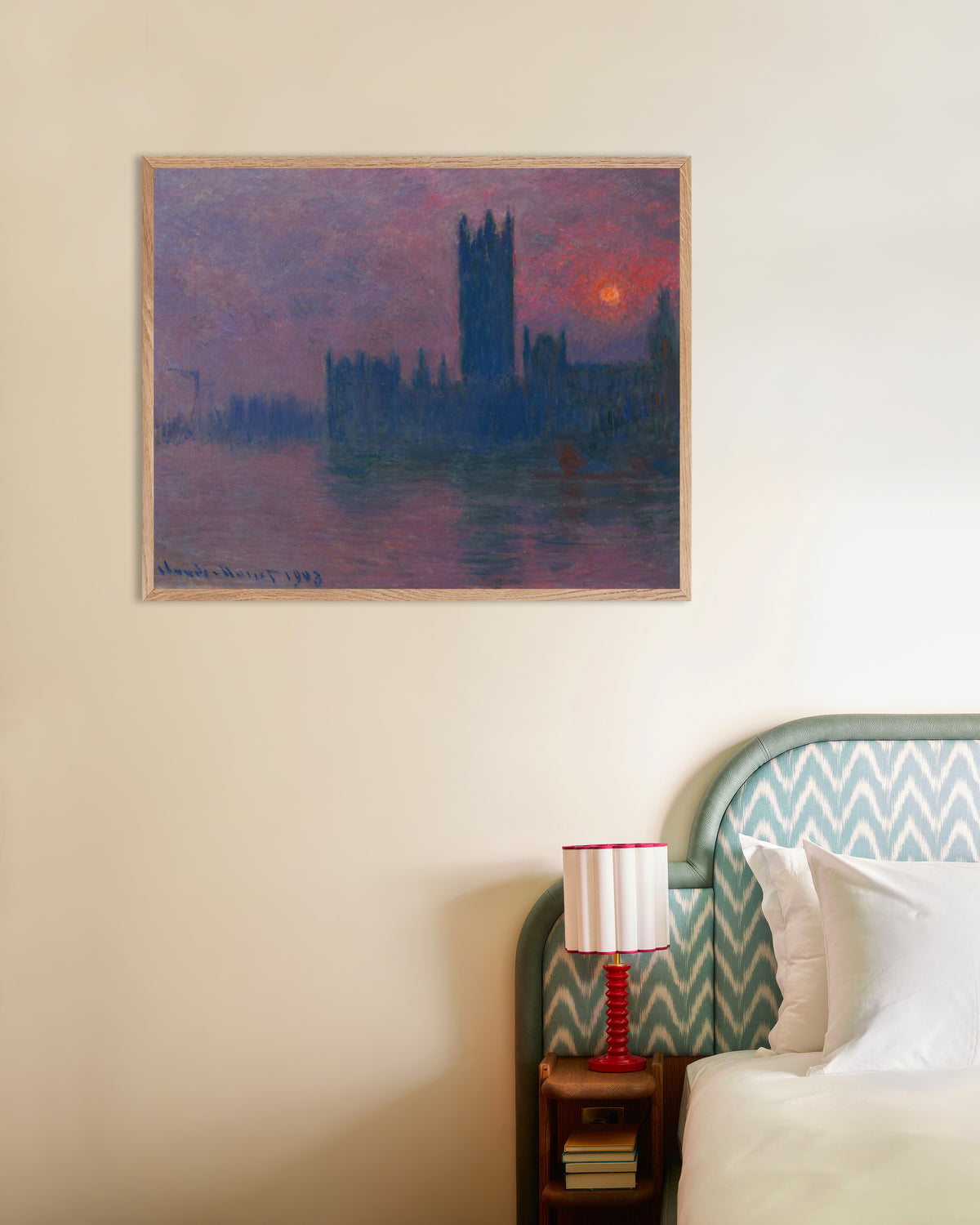 Poster Het parlement, ondergaande zon (1900–1903) van Claude Monet met naturel houten lijst