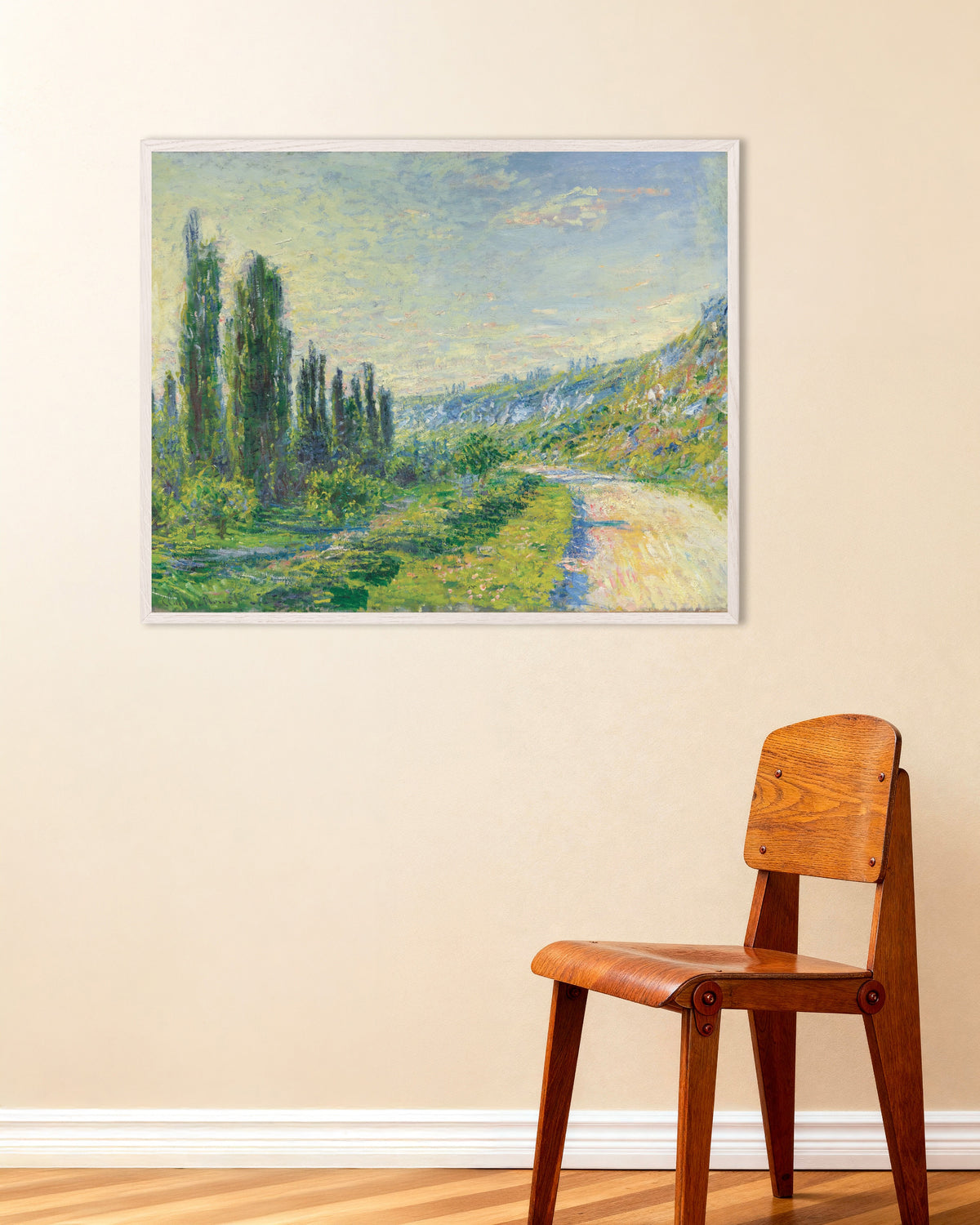 Poster De weg bij Vétheuil (ca. 1880) van Claude Monet met witte houten lijst