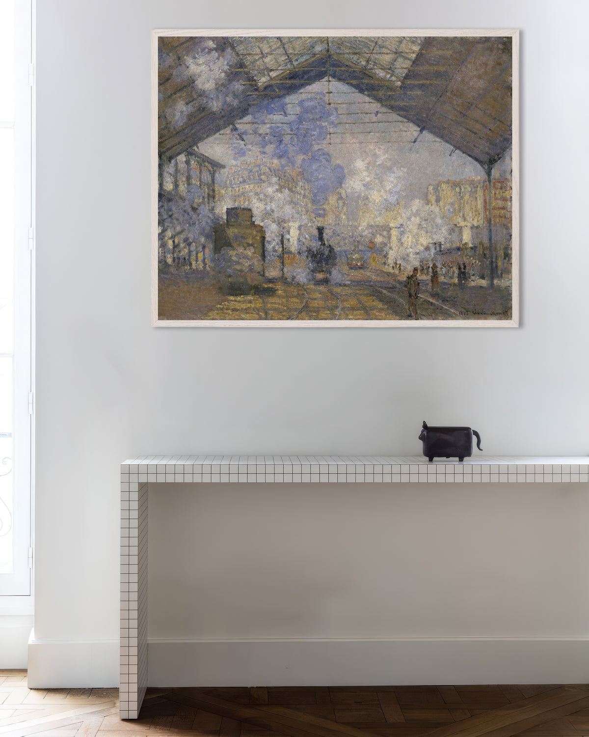 Poster Station Saint-Lazare (1877) van Claude Monet met witte houten lijst