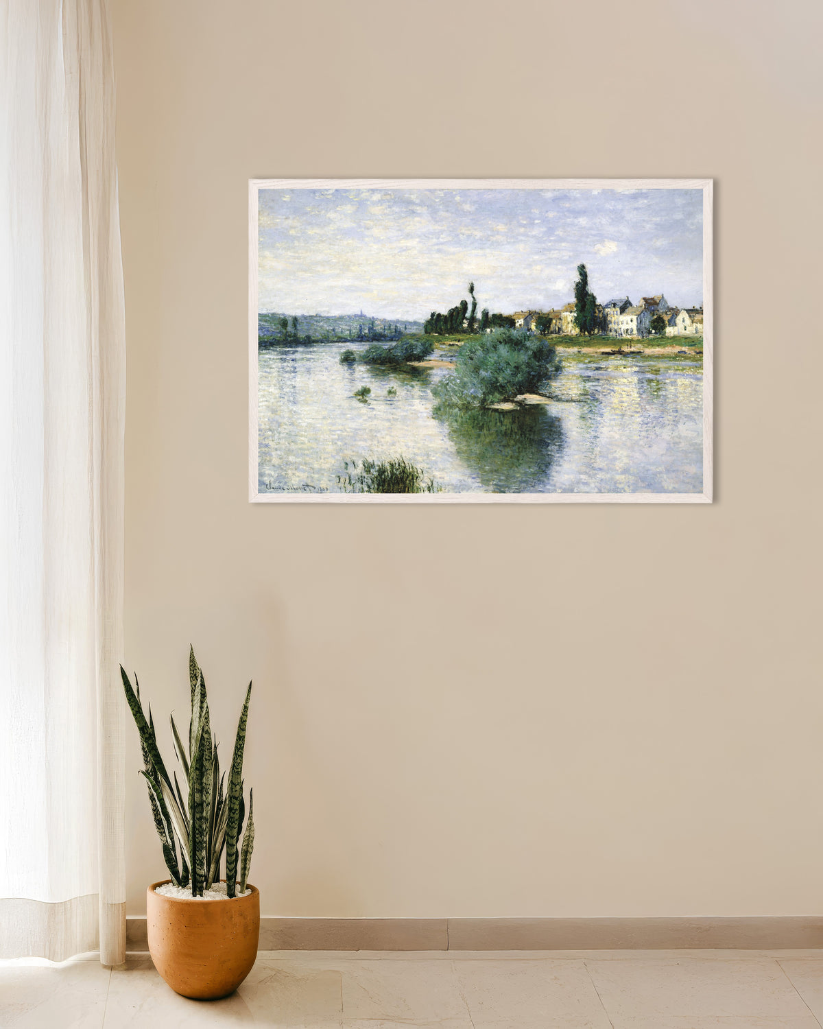 Affiche La Seine à Lavacourt (1880) de Claude Monet, avec un cadre en bois blanc