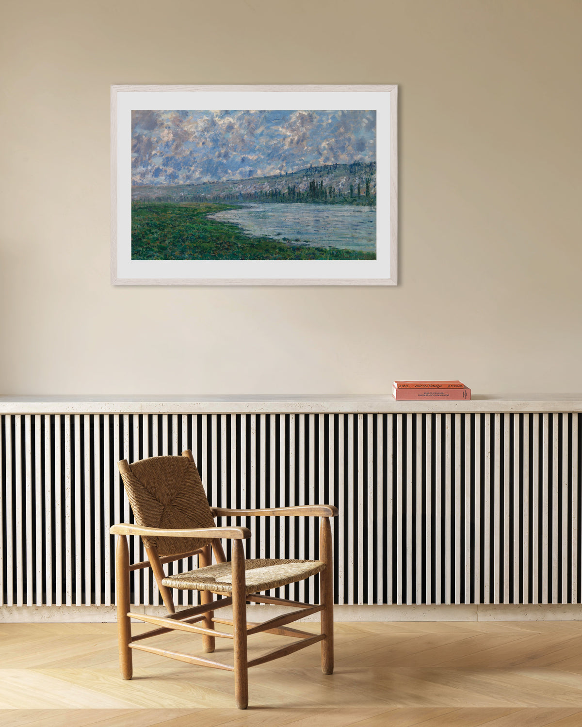 Affiche La Seine à Vétheuil (1880) de Claude Monet, avec un cadre en bois blanc