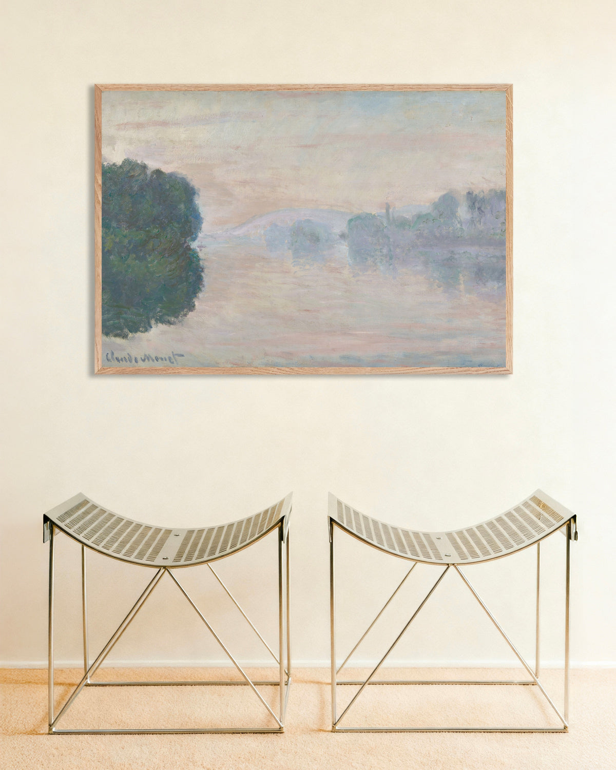 Poster De Seine in de mist (1894) van Claude Monet met naturel houten lijst