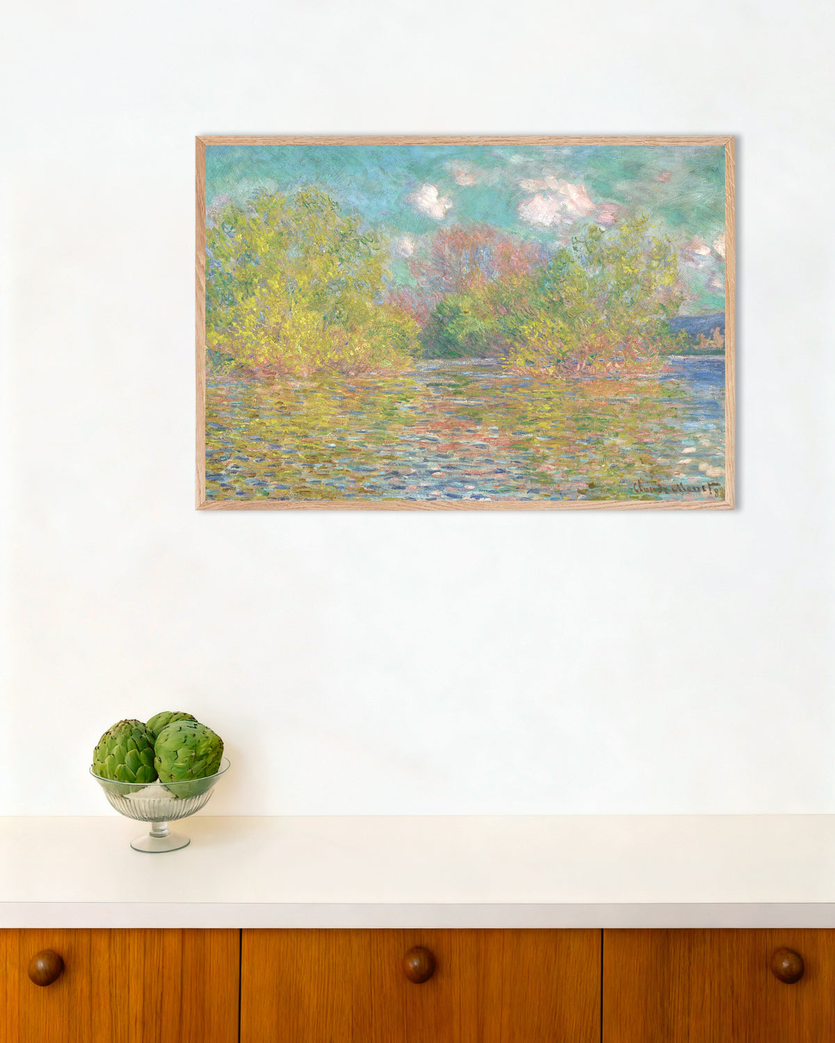 Poster De Seine bij Giverny (1888) van Claude Monet met naturel houten lijst