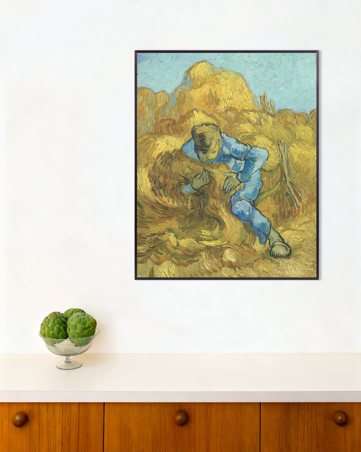 Poster van De schovenbinder, naar Millet (1889), van Vincent van Gogh, met metalen lijst