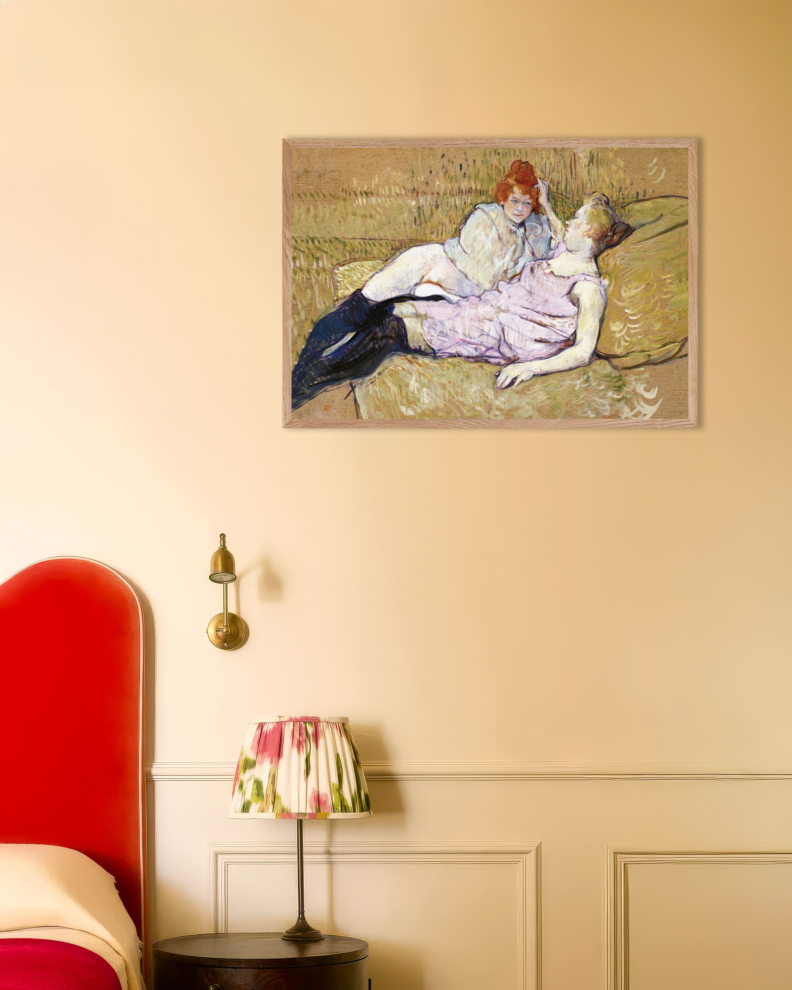 Poster of The Sofa (ca. 1894-1896) by Henri de Toulouse-Lautrec, with natural wooden frame