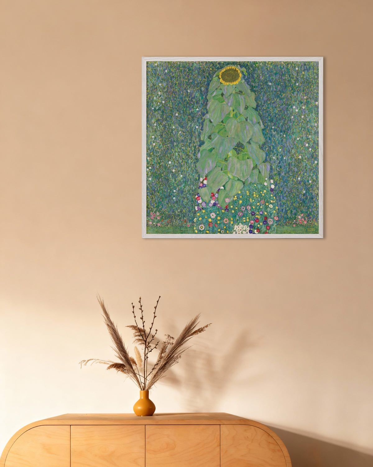 Affiche Le Tournesol (1907–1908) de Gustav Klimt, avec un cadre en bois blanc