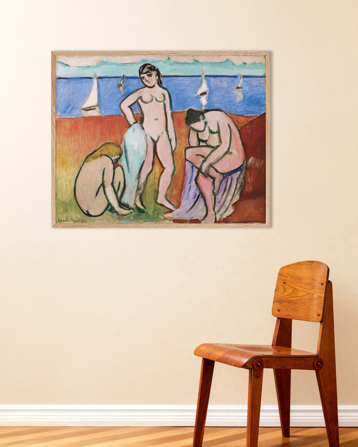 Poster de Trois baigneuses (1907) de Henri Matisse, avec un cadre en bois naturel