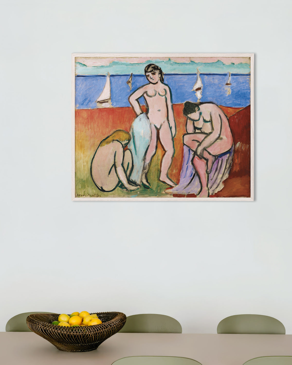 Poster de Trois baigneuses (1907) de Henri Matisse, avec un cadre en bois blanc