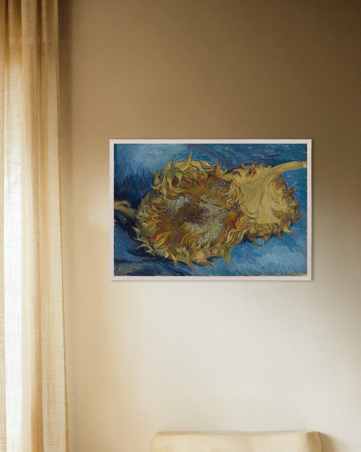 Poster de Deux tournesols coupés (1887), de Vincent van Gogh, avec un cadre en bois blanc