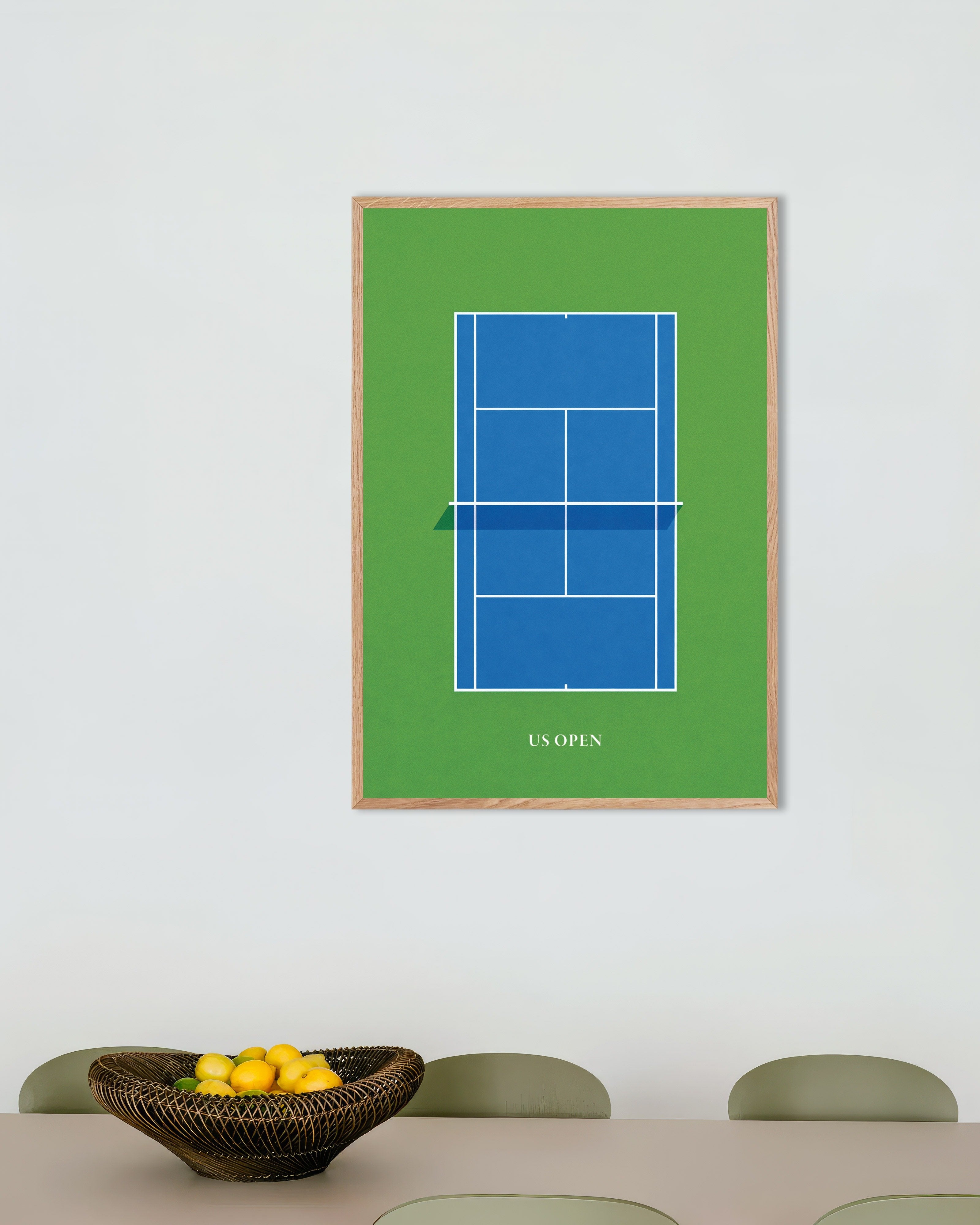 Poster of US Open tennis poster – Modern blue court art print, with natural wooden frame