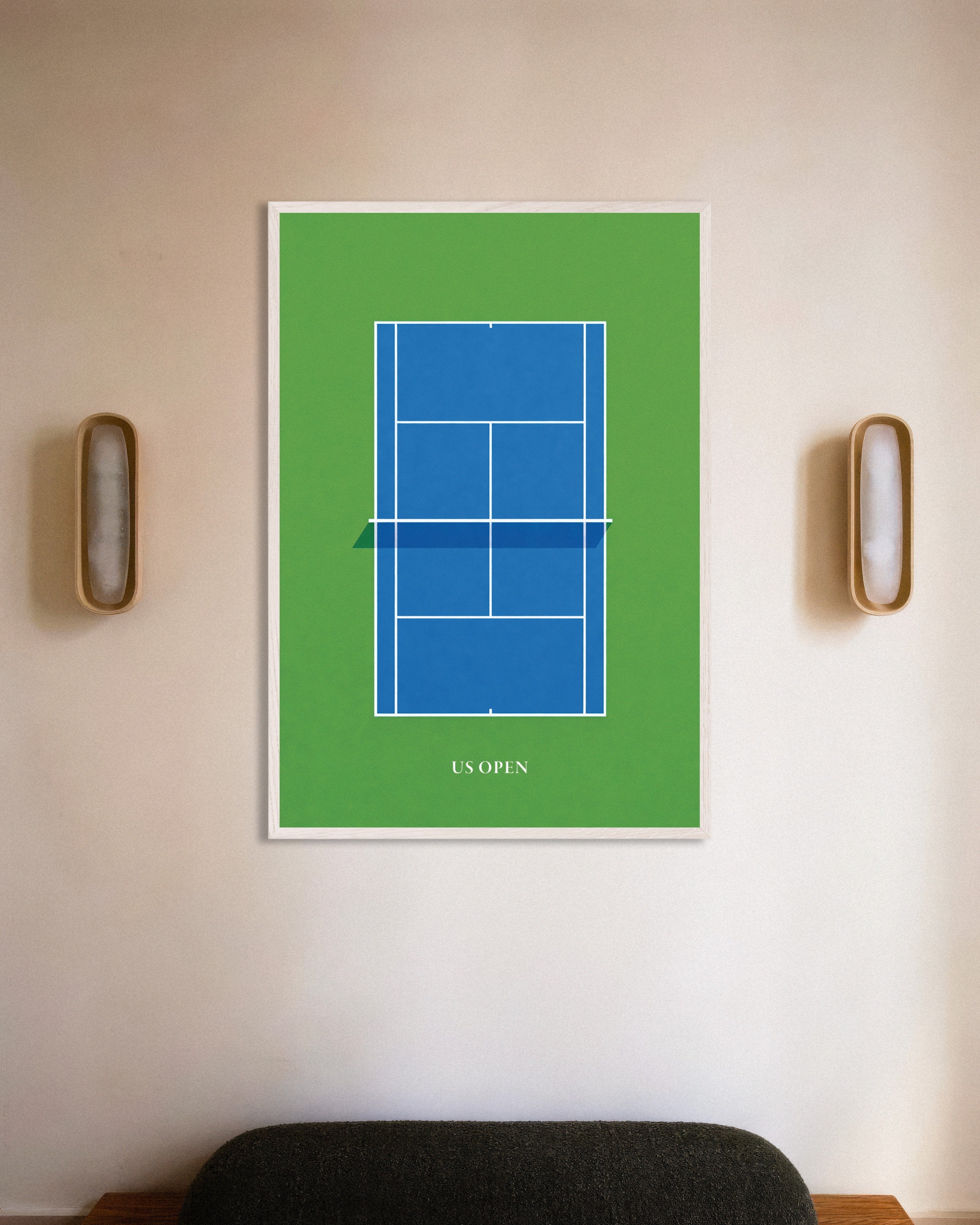 Poster of US Open tennis poster – Modern blue court art print, with white wooden frame