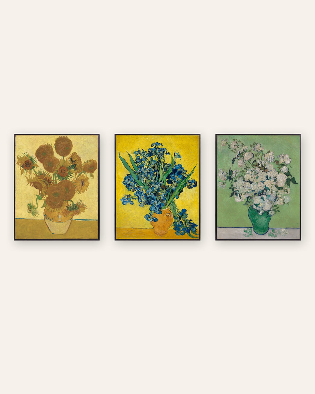 Affiches fleurs de Van Gogh, lot de 3 : Tournesols, Iris et Roses, cadres en métal noir