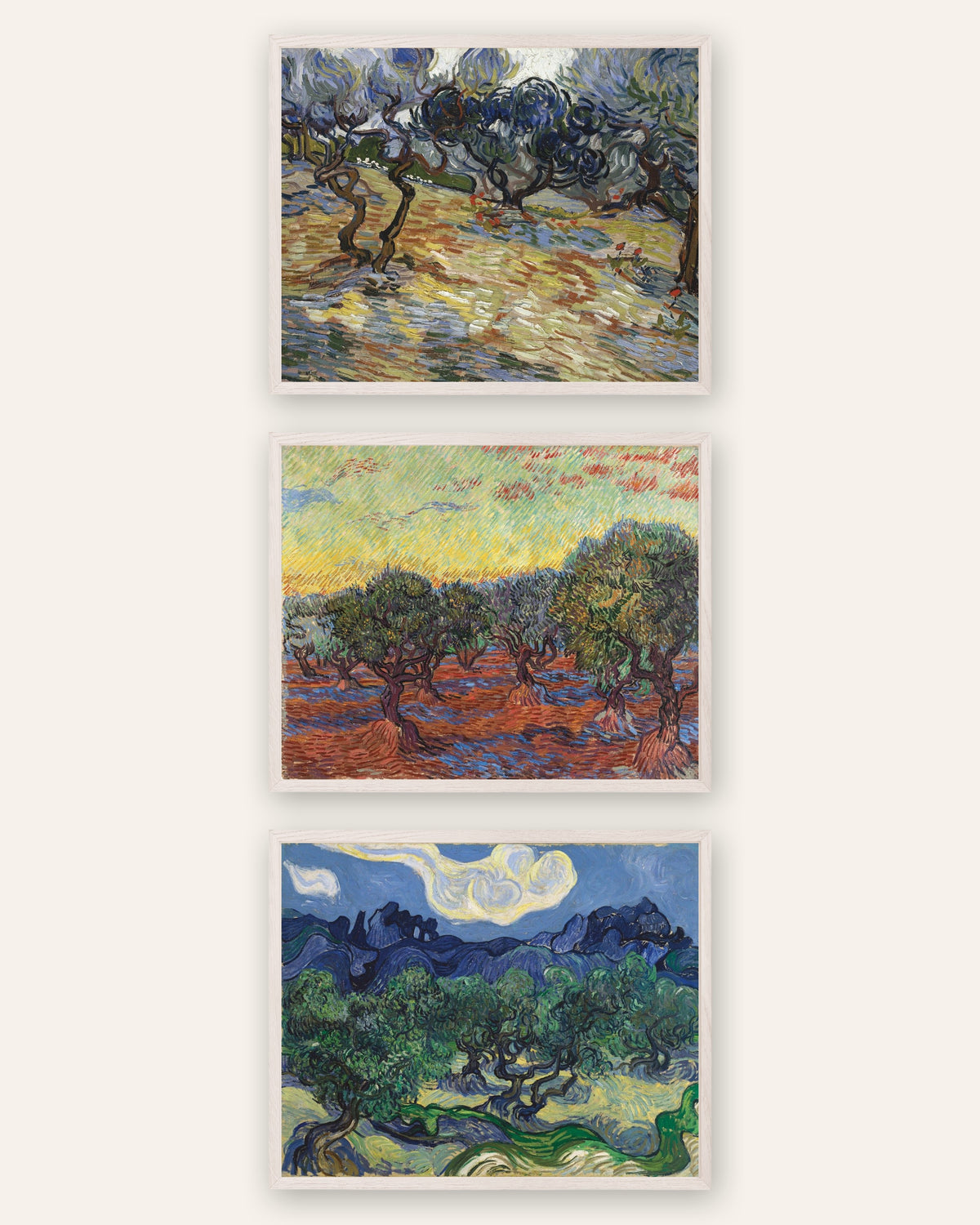 Affiches Van Gogh oliviers, lot de 3 : les oliveraies de Saint-Rémy, cadres en chêne blanc