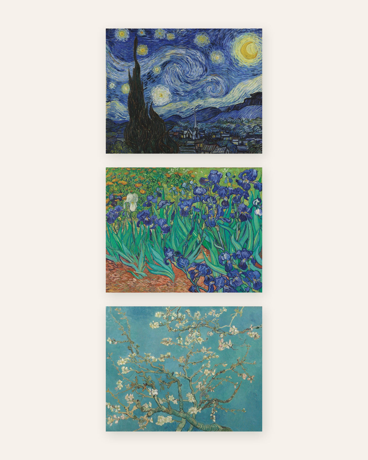Van Gogh posters, set van 3: De sterrennacht, Irissen en Amandelbloesem, zonder lijst