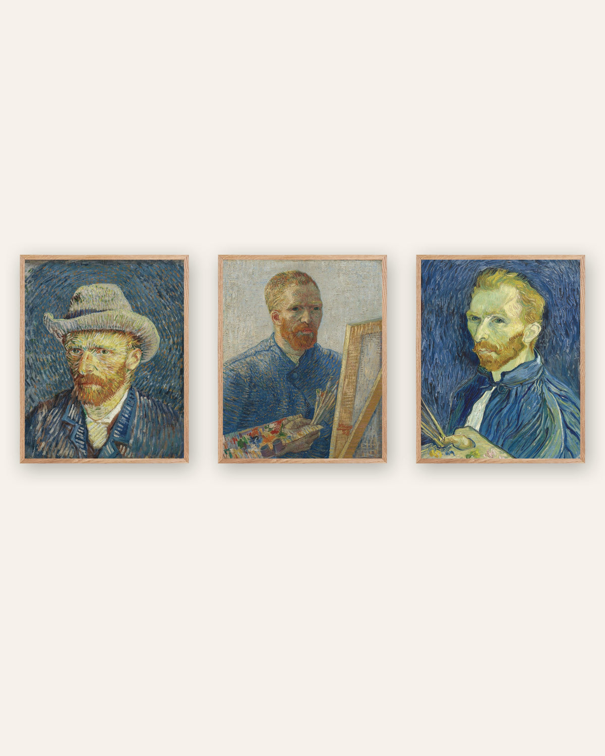 Van Gogh zelfportret posters, set van 3: van Parijs tot Saint-Rémy, in naturel eikenhouten lijsten