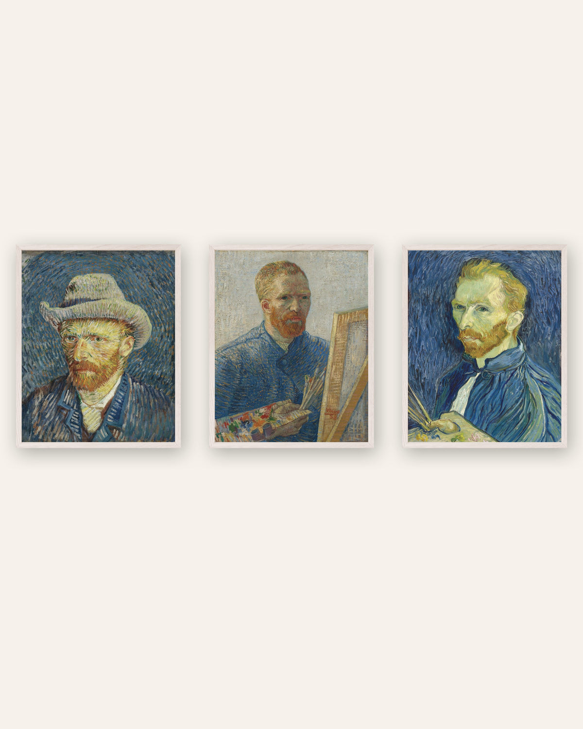 Van Gogh zelfportret posters, set van 3: van Parijs tot Saint-Rémy, in witte eikenhouten lijsten