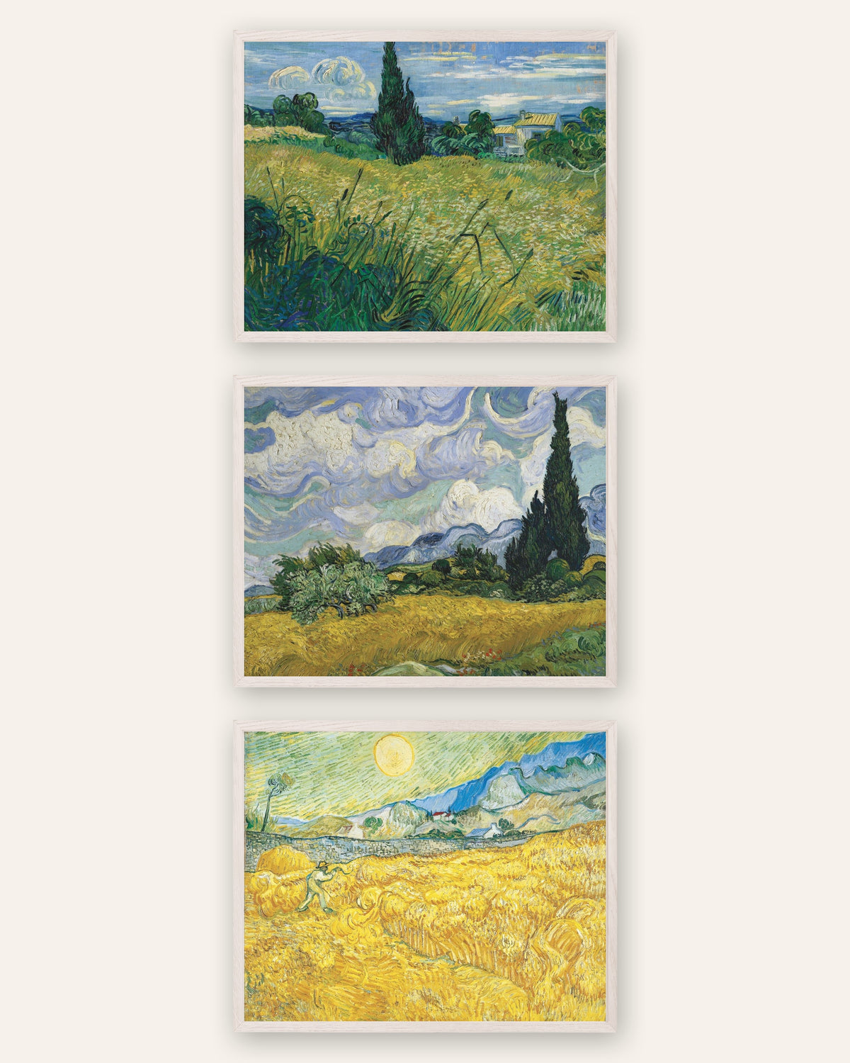 Van Gogh posters korenvelden, set van 3: cipressen en oogst, in witte eikenhouten lijsten