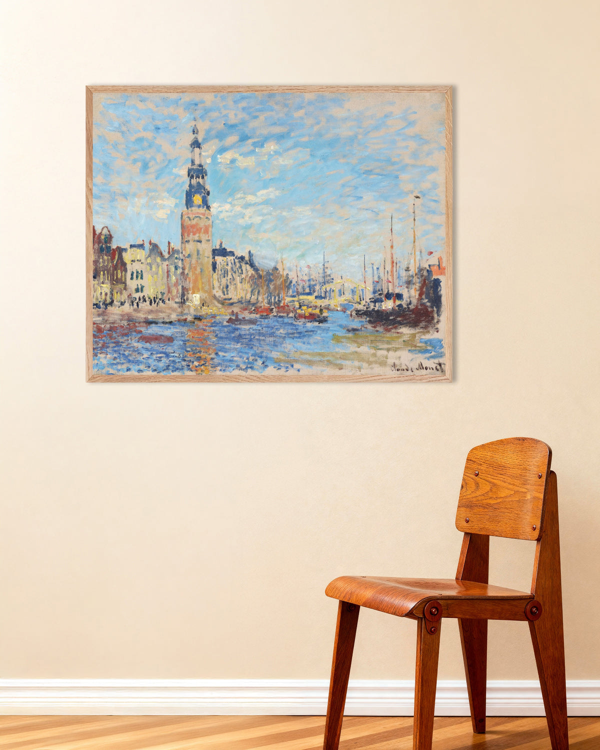 Affiche Vue de la tour Montelbaan, Amsterdam (1874) de Claude Monet, avec un cadre en bois naturel