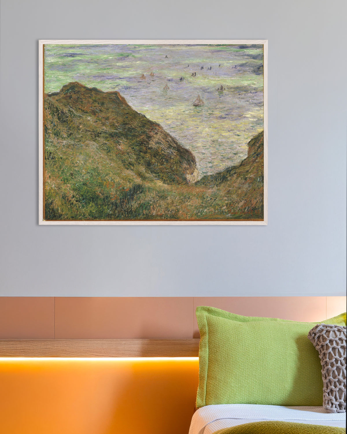 Poster Gezicht op zee (1882) van Claude Monet met witte houten lijst