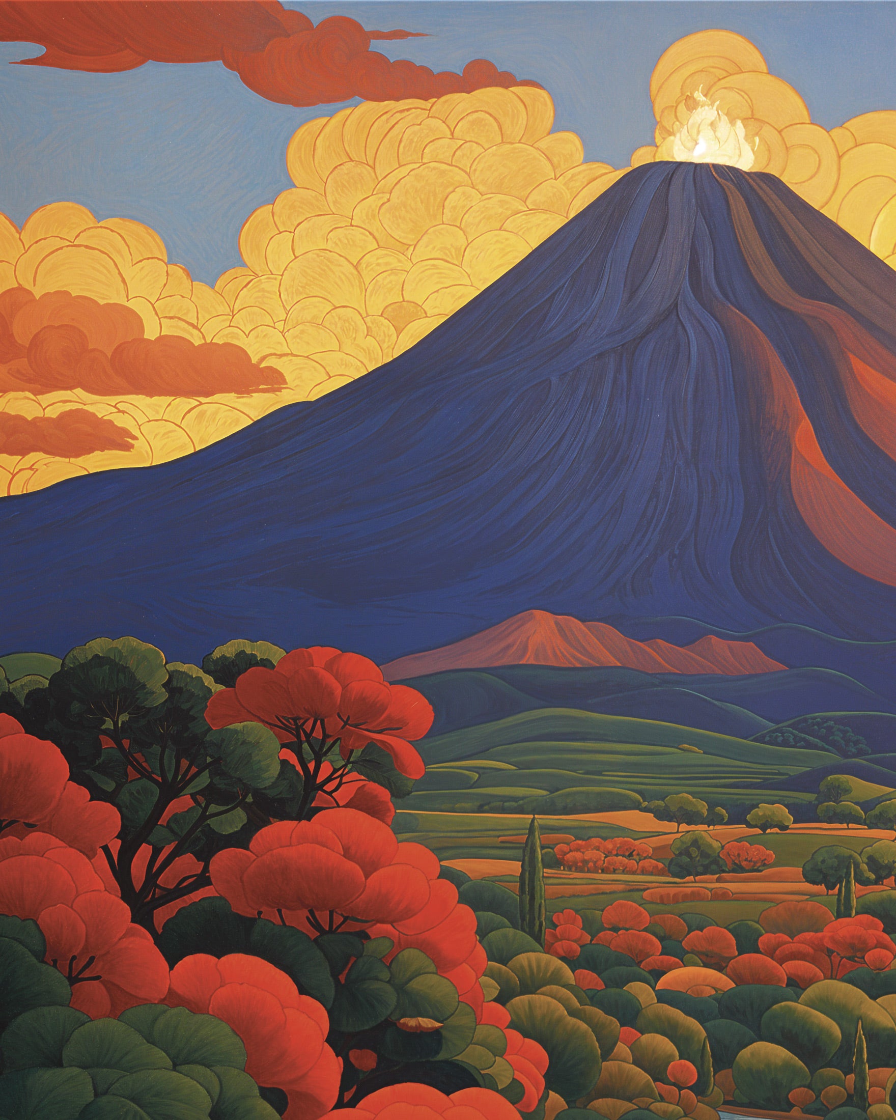 Poster volcan, composition symboliste mystique