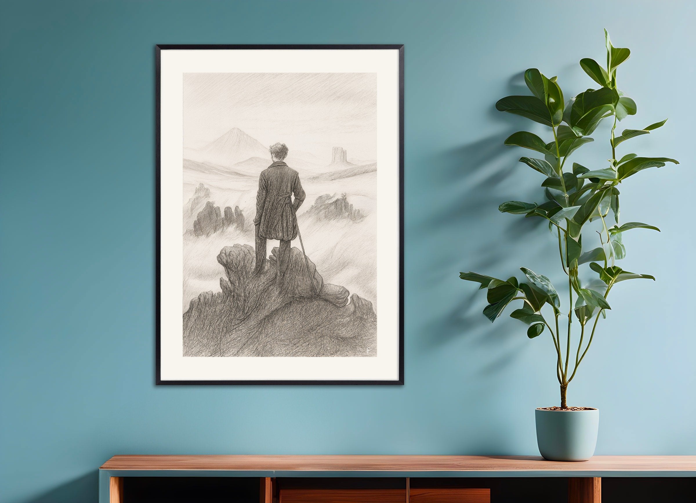 Poster of Wanderer above the Sea of Fog - pencil drawing - Poster, with metal frame