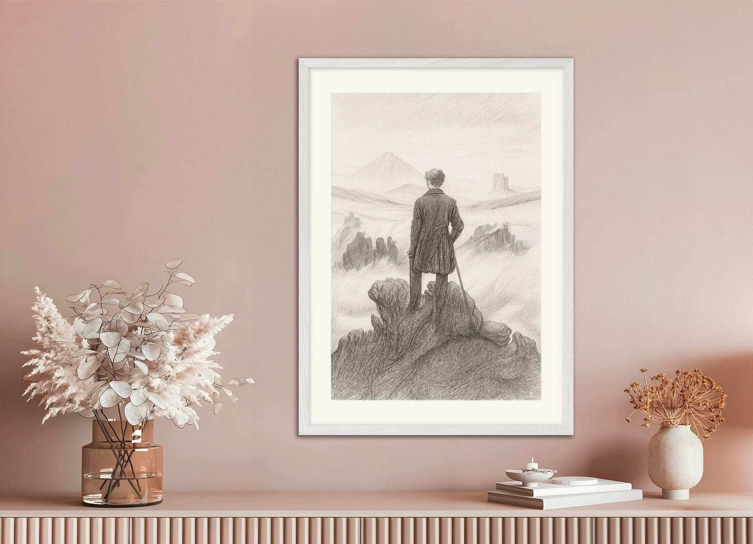 Poster of Wanderer above the Sea of Fog - pencil drawing - Poster, with white wooden frame