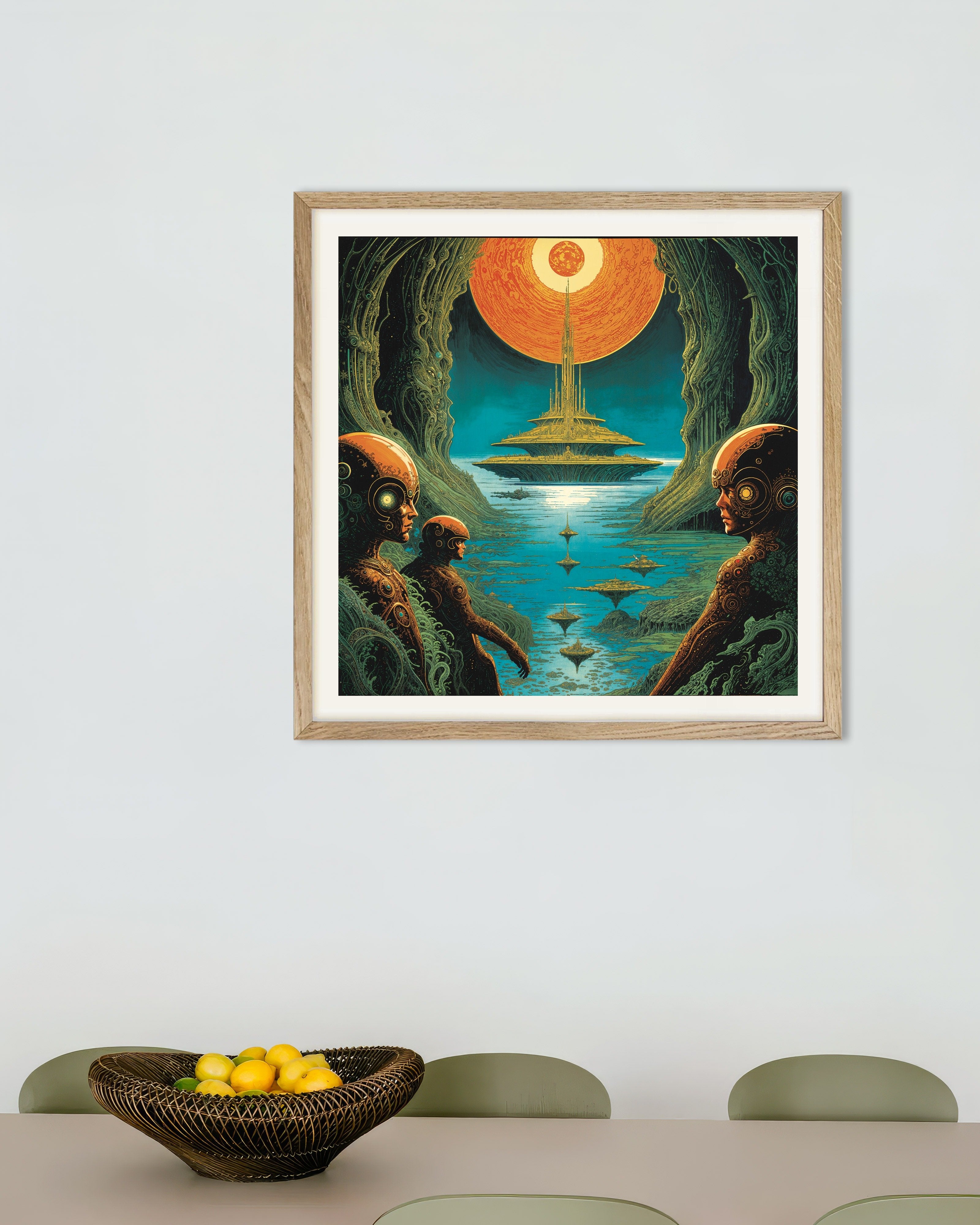 Poster of We Merged the Sky and the Ocean - Sci-Fi Cityscape, with natural wooden frame