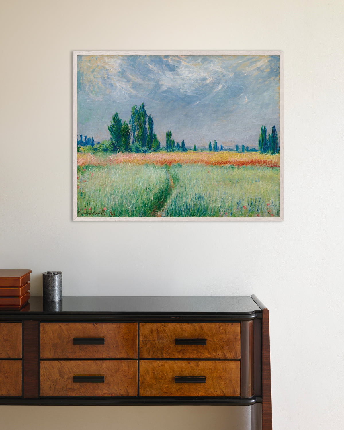 Affiche Champ de blé (1881) de Claude Monet, avec un cadre en bois blanc