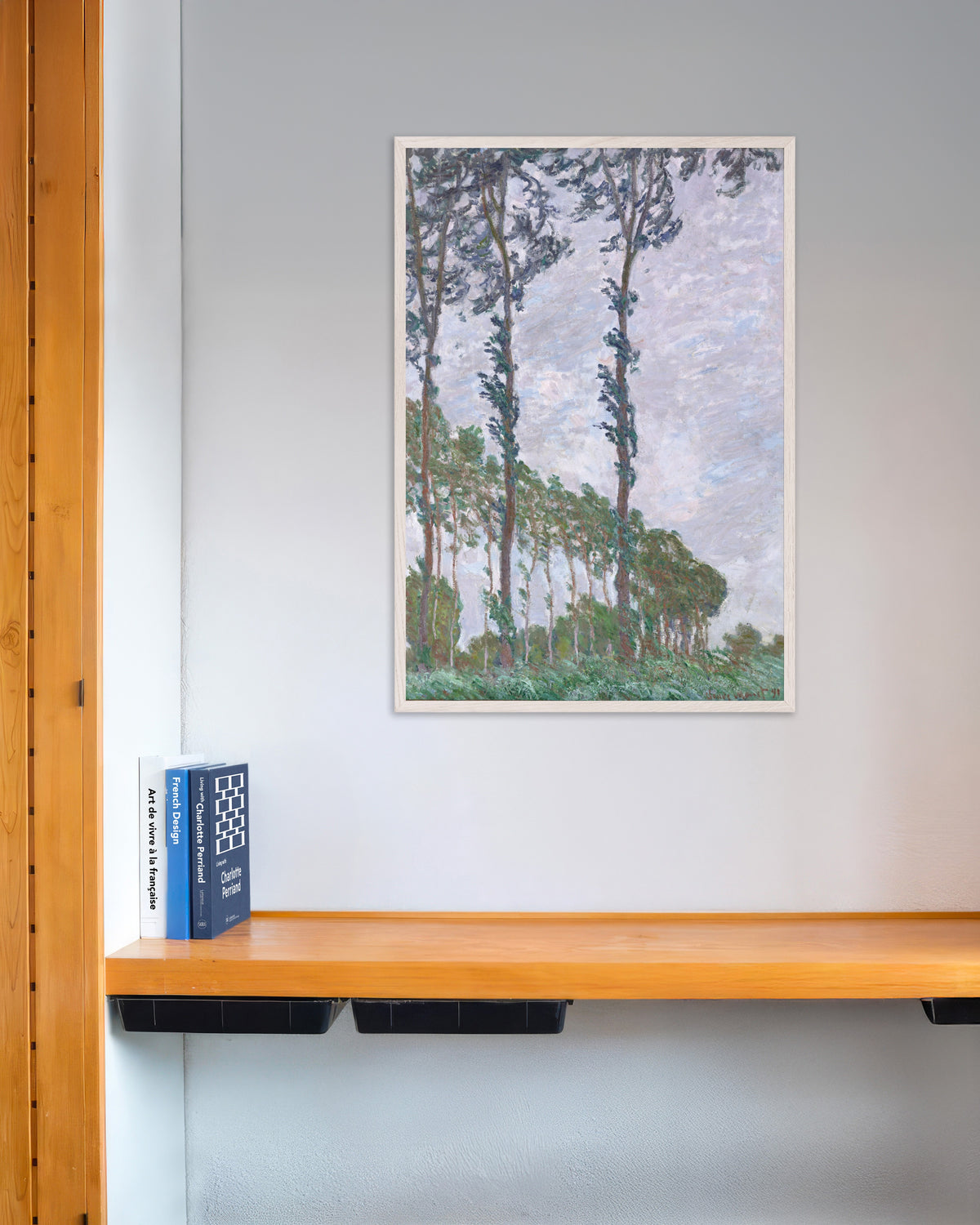 Poster Populieren, windeffect (1891) van Claude Monet met witte houten lijst