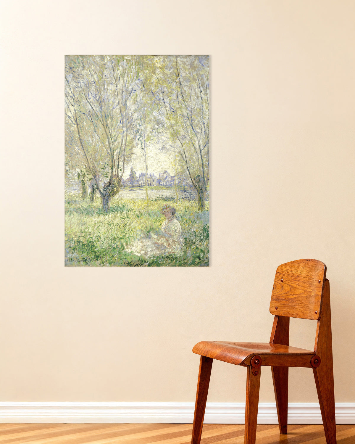 Poster Vrouw zittend onder de wilgen (1880) van Claude Monet
